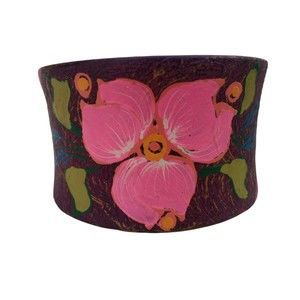 Hand Painted Wood Cuff Bracelet Dark Pink With Hot Pink Flower